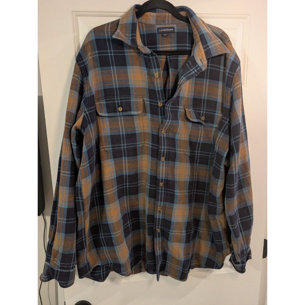 Vintage Lands' End Heavyweight Flannel Shirt Mens 2XL Navy Tan Plaid 100% Cotton